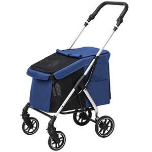 PawHut Hondenwagen, Licht en Opvouwbaar Transportmiddel voor Kleine Honden, Wasbaar Kussen, Netvensters, Donkerblauw