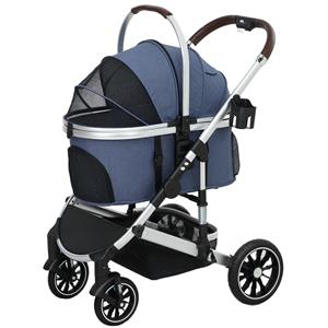 PawHut 3 in 1 Opvouwbare Hondenbuggy voor Katten tot 10 kg, met Kussen en Bekerhouder, Donkerblauw
