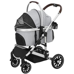 PawHut 3-in-1 Opvouwbare Hondenbuggy voor Honden & Katten tot 10 kg met Kussen en Bekerhouder - Lichtgrijs