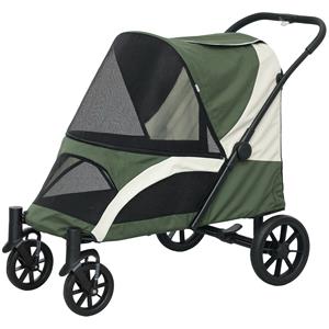 PawHut Hondenbuggy, Opvouwbare Huisdierenwagen voor Grote Honden, met 4 Wielen, Veiligheidslijnen, Remmen, Donkergroen