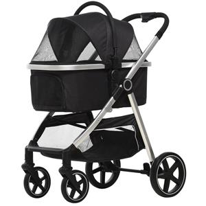 PawHut 2-IN-1 hondenbuggy, multifunctioneel, opvouwbaar, met kussen en opbergmand, geschikt voor kleine honden, 83 x 58 x 102 cm, zwart | Aosom.nl