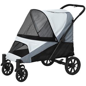 PawHut Hondenwagen, Opvouwbare Hondenbuggy voor Grote Honden, Huisdierenwagen met 4 Wielen, Veiligheidslijnen, Remmen, Grijs