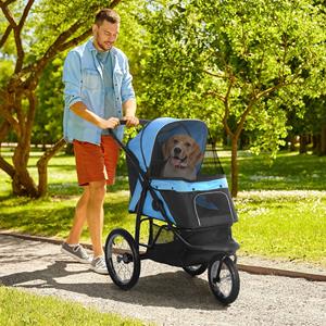 PawHut hondenkinderwagen, hondenkar opvouwbaar, zonnescherm, voor kleine honden, ademend, met opbergmand, luchtbanden, blauw, 111x58x107 cm | Aosom.nl