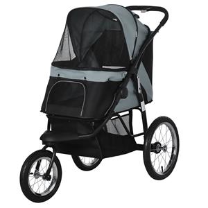 PawHut hondenbuggy, inklapbaar, met zonnescherm en gaasvenster, ruime opbergmand, lichtgewicht, 111 x 58 x 107 cm, grijs | Aosom.nl
