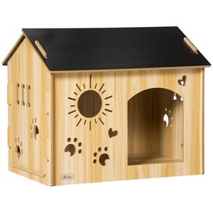 PawHut hondenhok, weerbestendig, met ventilatieopeningen, duurzaam hout, eenvoudig te reinigen, 69 x 50 x 58,5 cm, zwart+houtverf | Aosom.nl