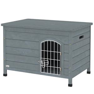 PawHut Luxe Hondenhut, Hondenhuis met Deur, Dierenbox, Dennenhout, Grijs