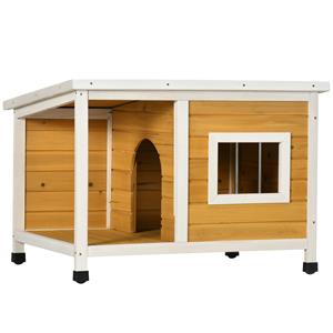 PawHut hondenhok met veranda, stevig en weerbestendig, scharnierend dak, verstelbare poten, natuurlijk hout, 85,5 x 62 x 60 cm, oranje | Aosom.nl
