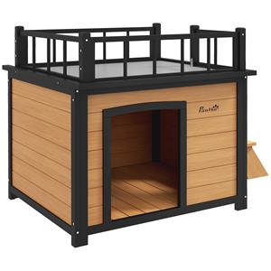 PawHut hondenhok met dakterras, weerbestendig, stevig hout, ruime 121x77x78 cm, eenvoudig te reinigen, zwart/geel | Aosom.nl