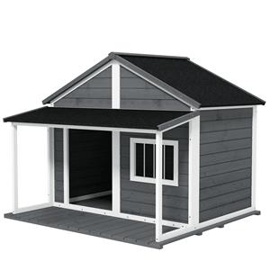 PawHut hondenhok voor buiten, weerbestendig met veranda, ruime 124 x 112 x 105 cm, eenvoudig te monteren, grijs, wit | Aosom.nl