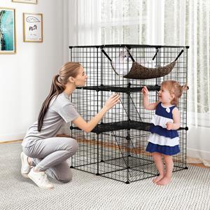 Costway 107 cm Kattenren met 3 Verdiepingen Huisdierkooi met Comfortabele Hangmat Afneembare Metalen Draadkooi voor Katten Zwart