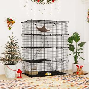 Costway 143 cm Kubusvormige Kattenkooi met 4 Verdiepingen Huisdierenverblijf met Hangmat Afneembare Metalen Draadkooi voor Katten Zwart