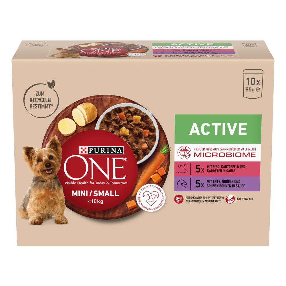 Purina One 10 x 85g  Mini Active Rund & Eend nat hondenvoer