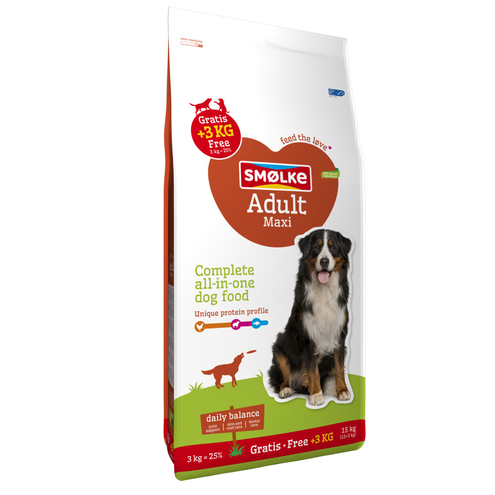 Smolke 12+3 kg gratis:  Hondenvoer Adult Maxi 12 + 3 kg