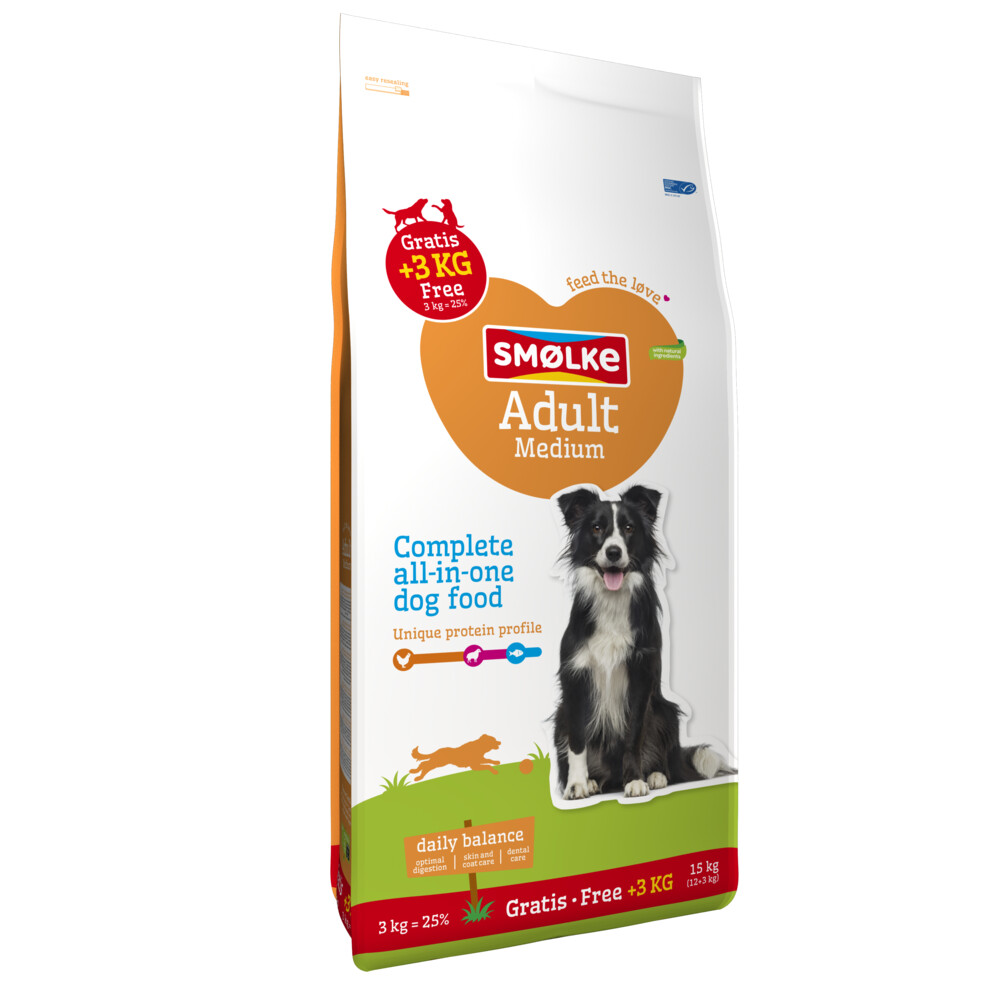 Smolke 12+3 kg gratis:  Hondenvoer Adult Medium 12 + 3 kg