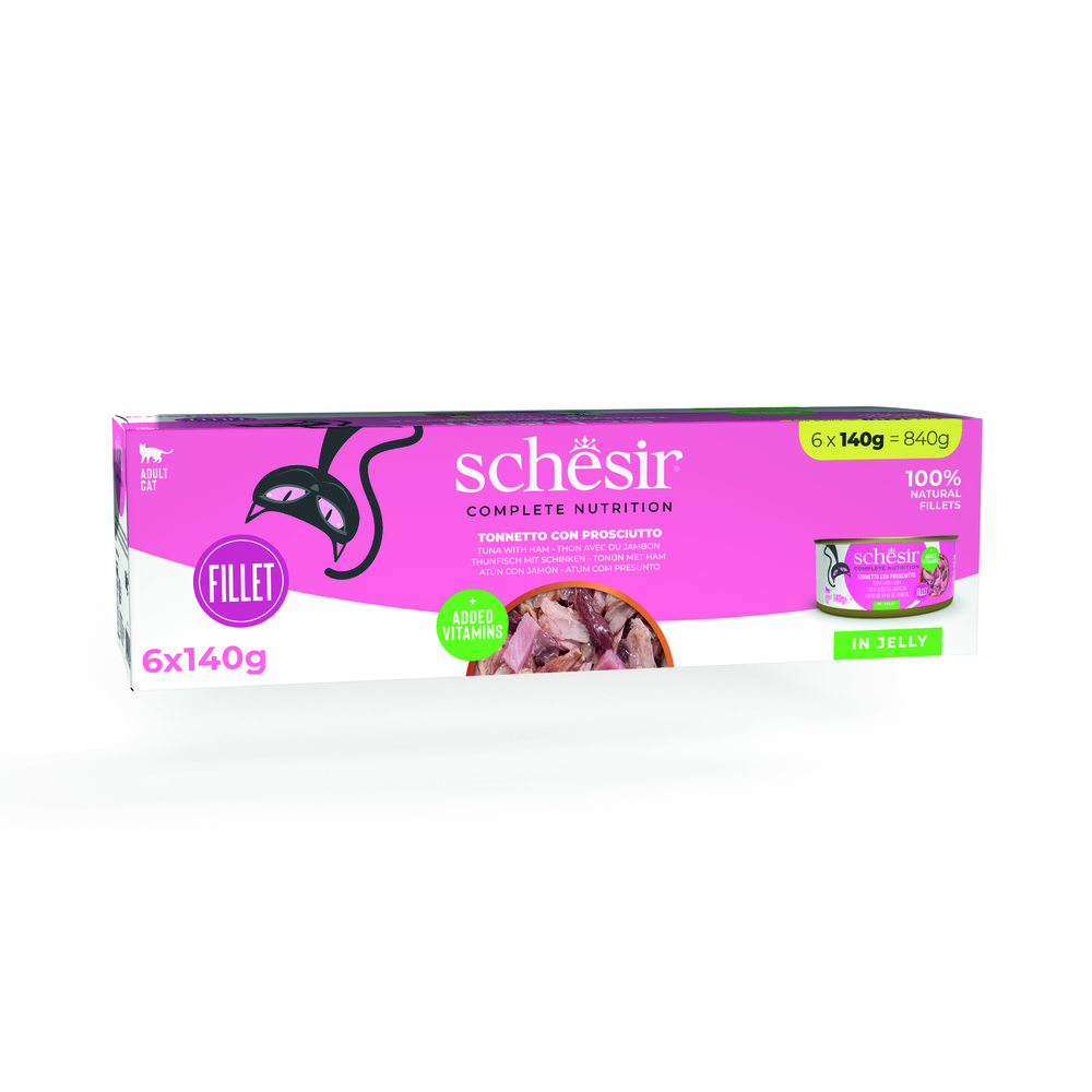 Schesir 6x140g Tonijn met ham  Complete Nutrition in gelei natvoer voor katten