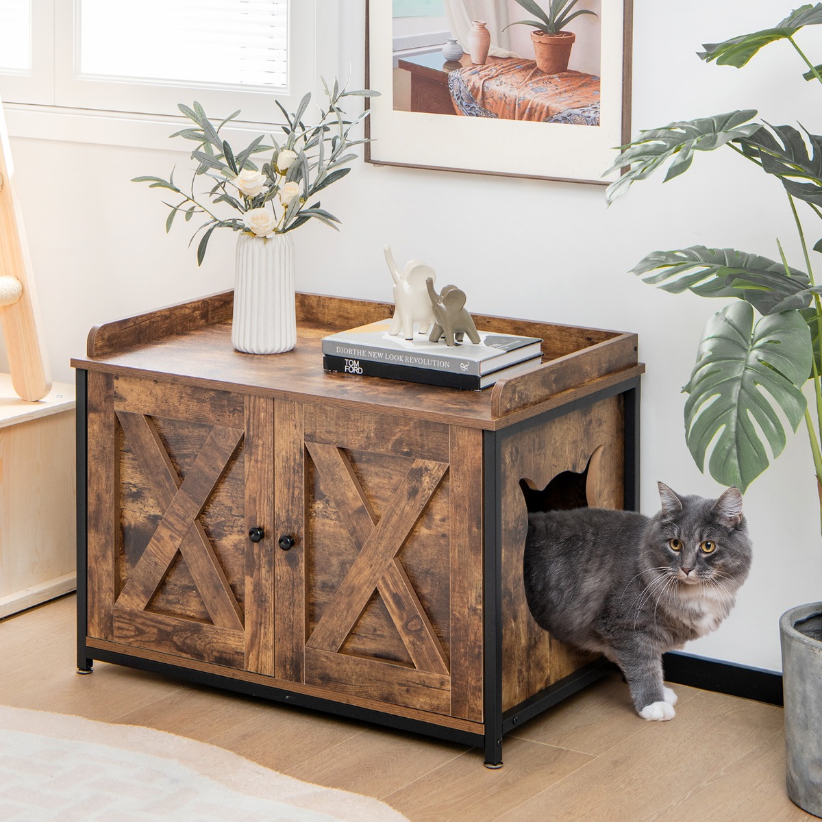 Costway Kattenkast Kattentoilet Kattenhuis met 2 Deuren en Ingang Kattenmand Kattenbak Kast voor Katten Honden Huisdier Vintage Bruin