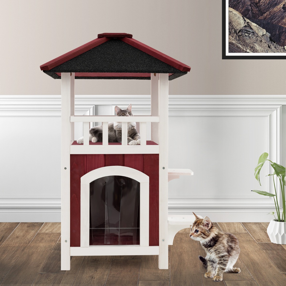 Costway Houten Kattenhuis met 2 Verdiepingen Asfaltdak Balkon Regengordijn Springplatforms Verwijderbare Vloer Weerbestendig