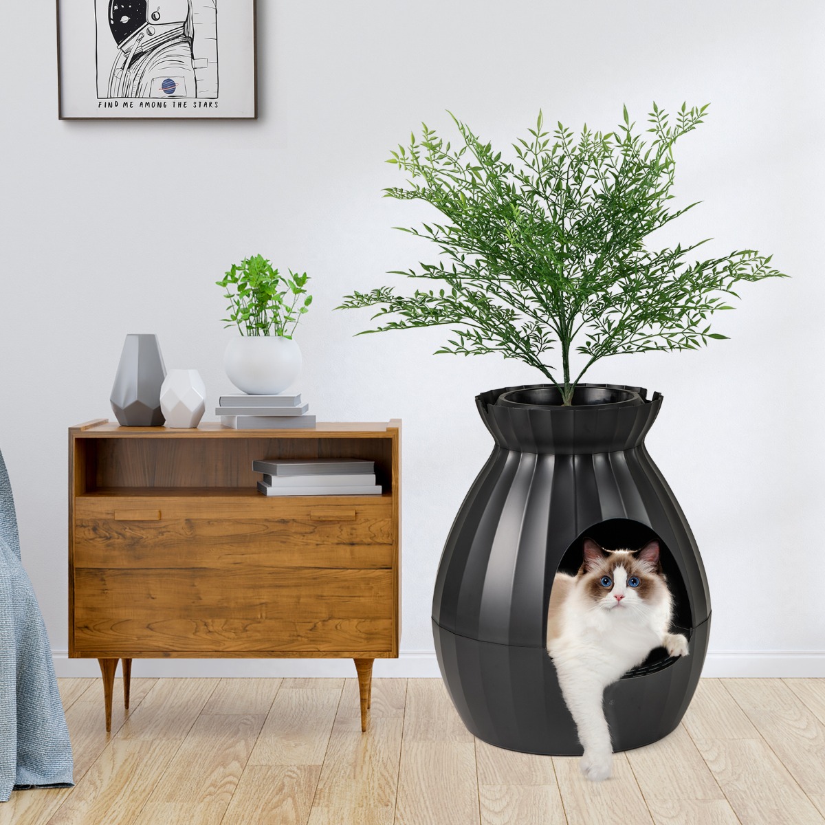 Costway Slimme Kattenbak met Elektronische Geurbestrijding Nepplant Kiezelstenen Deurgordijn Schep Kattenbak voor Grote Katten Zwart