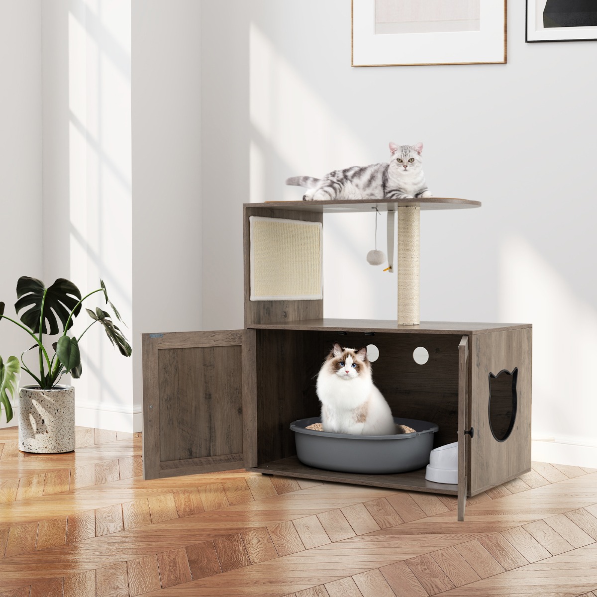 Costway Krabpaal met Kattenbakkast Kattenkast voor Kattentoilet Kattenboom met Groot Platform Krabmat Bal Sisalpalen 80 x 45 x 87,5 cm