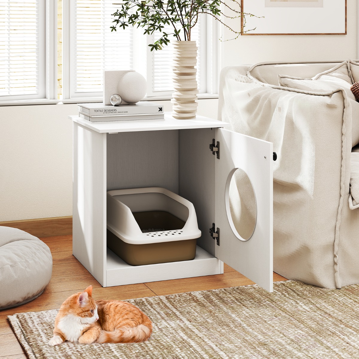 Costway Kattenbak Verborgen Kattentoilet Binnenhuisdierhuis Multifunctionele Bijzettafel Kleine Houten Opbergkast voor Woonkamer Slaapkamer