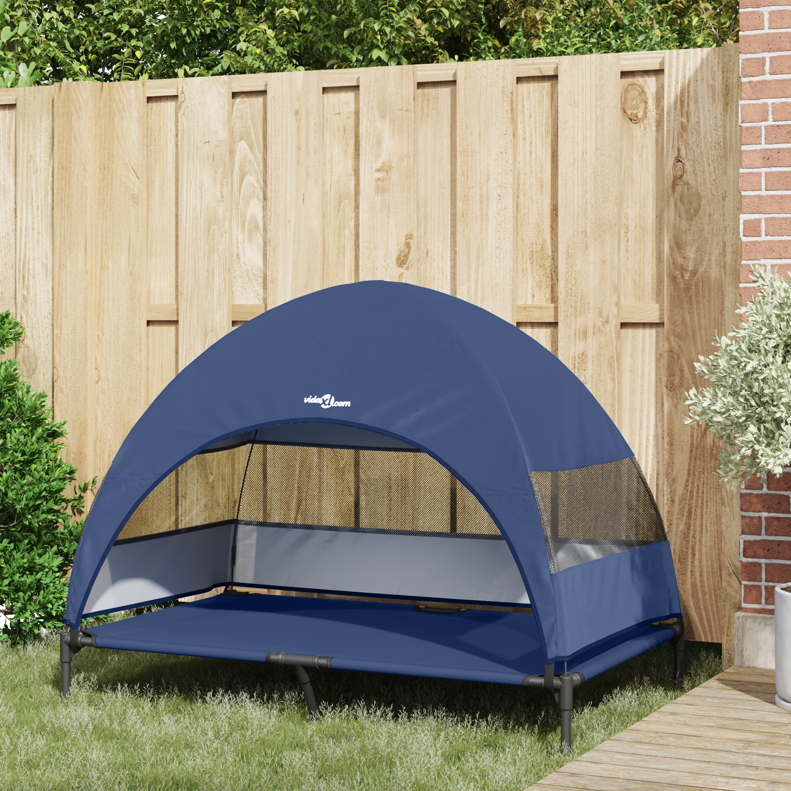 vidaXL Verhoogd hondenbed met afneembaar dak - Marineblauw - XL - Staal