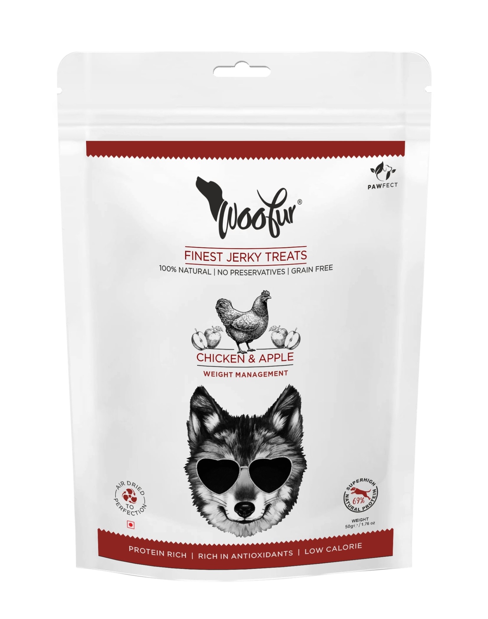 Pawfect Woofur luchtgedroogde hondensnacks Kip met Appel 50 gr.