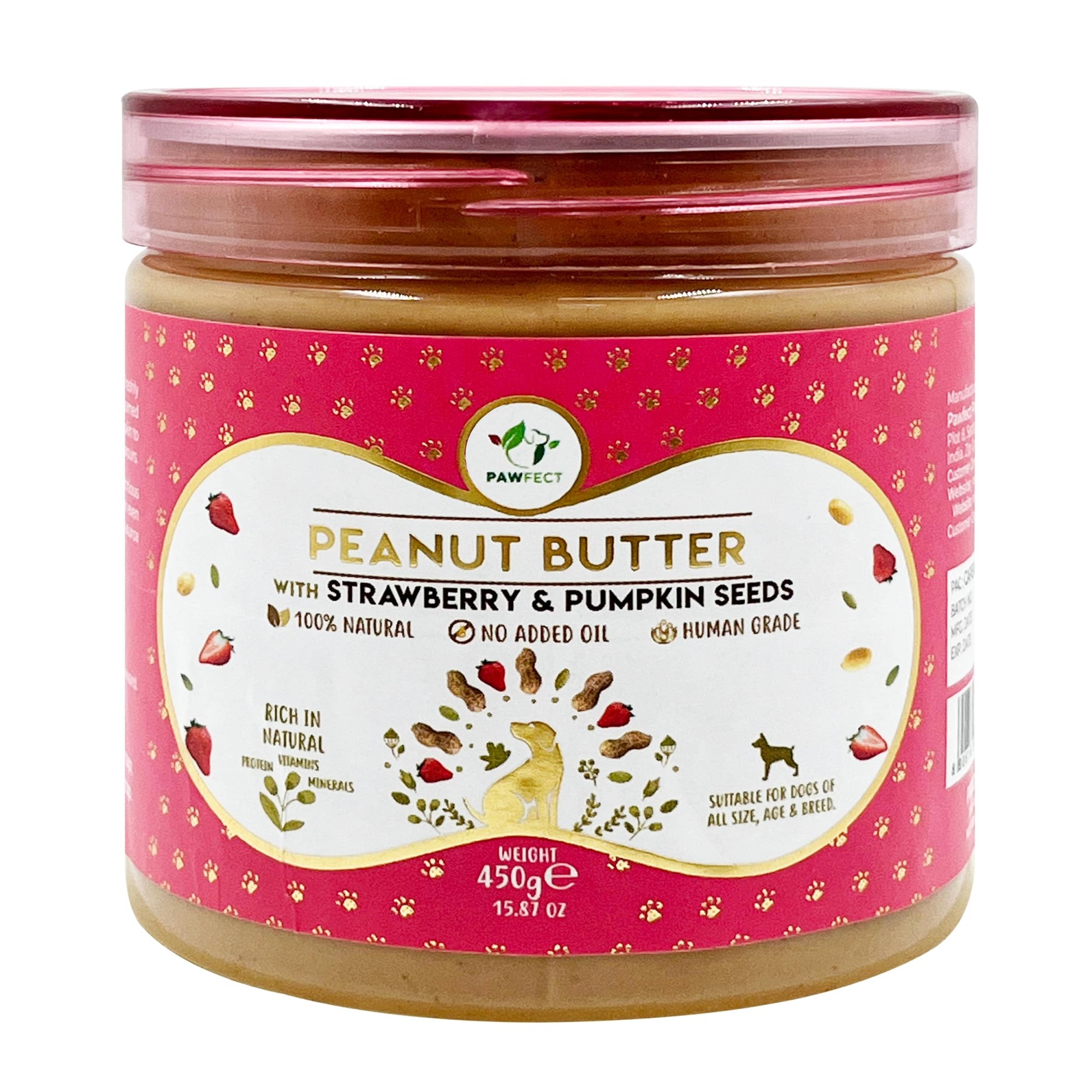 Pawfect Pindakaas voor de hond Aardbei&Pompoenpitten 450 gr.