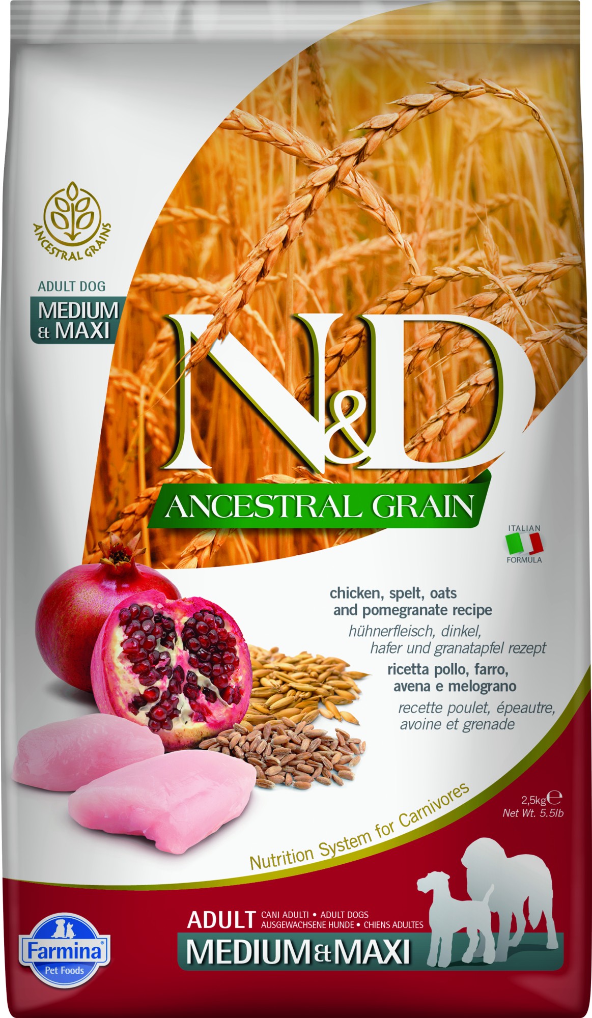 N&D Ancestral Grain hondenvoeding Kip medium/maxi 2,5 kg