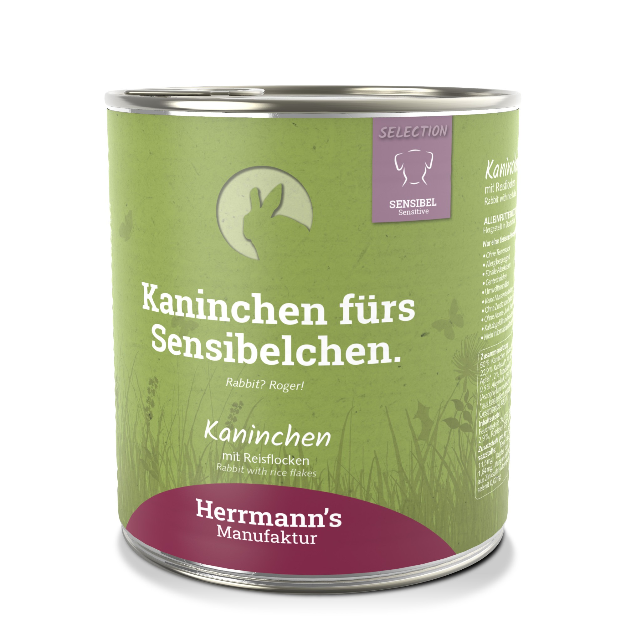 Herrmann's Sensitive hond Konijn met rijstvlokken 800 gr. - per 6 stuks