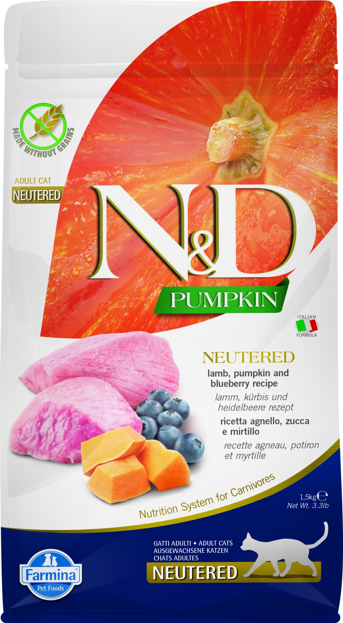 N&D Pumpkin voeding voor de gecastreerde kat Lam 1,5 kg