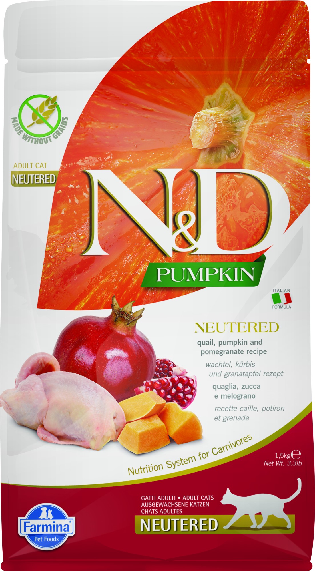 N&D Pumpkin voeding voor de gecastreerde kat Kwartel 1,5 kg