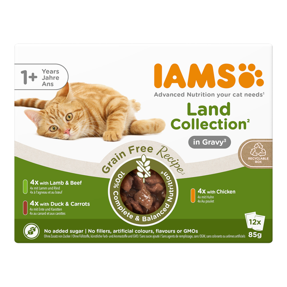 Iams 12x85g  Advanced Nutrition Grain Free Land Collection in Sauce nat kattenvoer