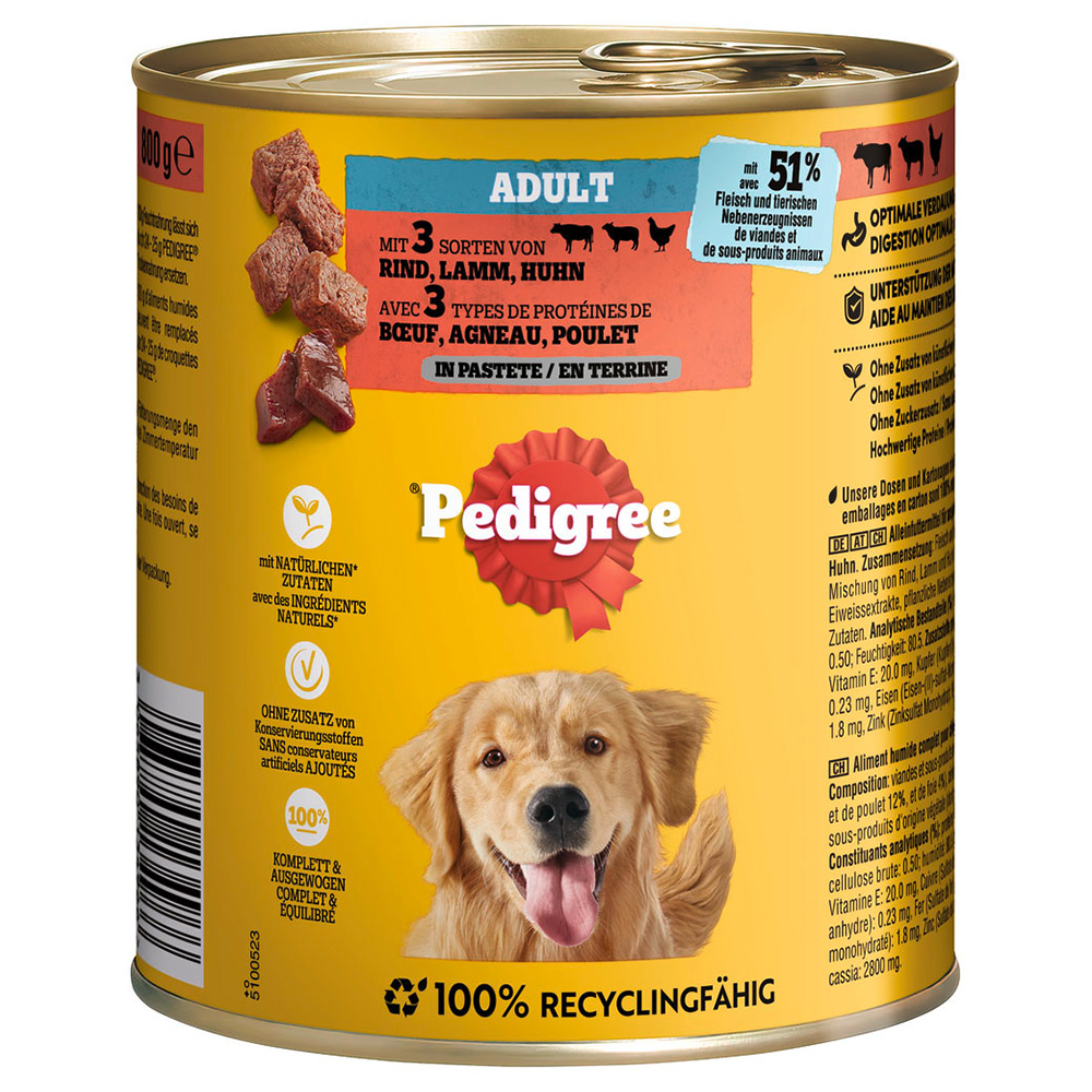 Pedigree 12x800g Rund, lam & Kip in paté  Classic natvoer voor honden