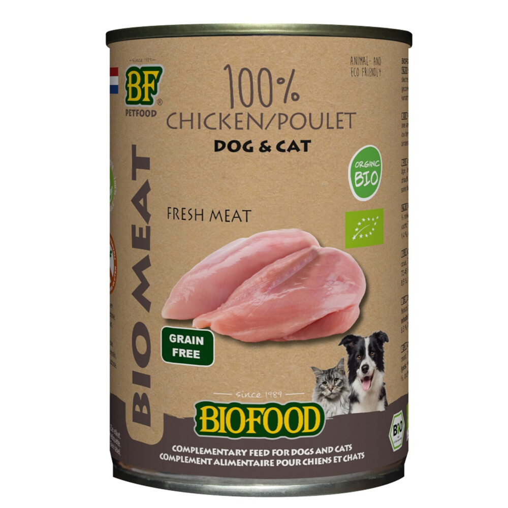 BF Petfood 12x  Biofood Organic Hond en Kat 100% Kip 400 gr