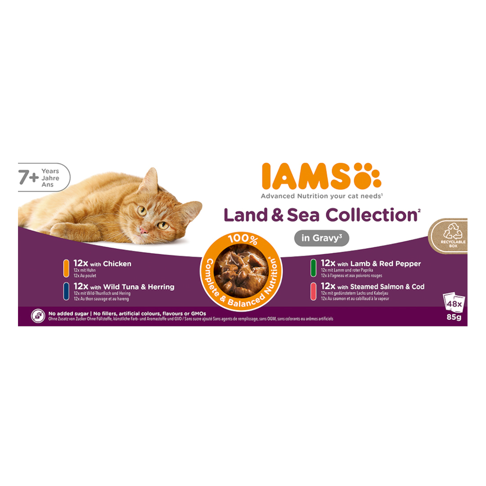 Iams Delights Senior Land & Sea Collection in Saus Kattenvoer - Mixpaket 2 (48 x 85 g, 4 Soorten)