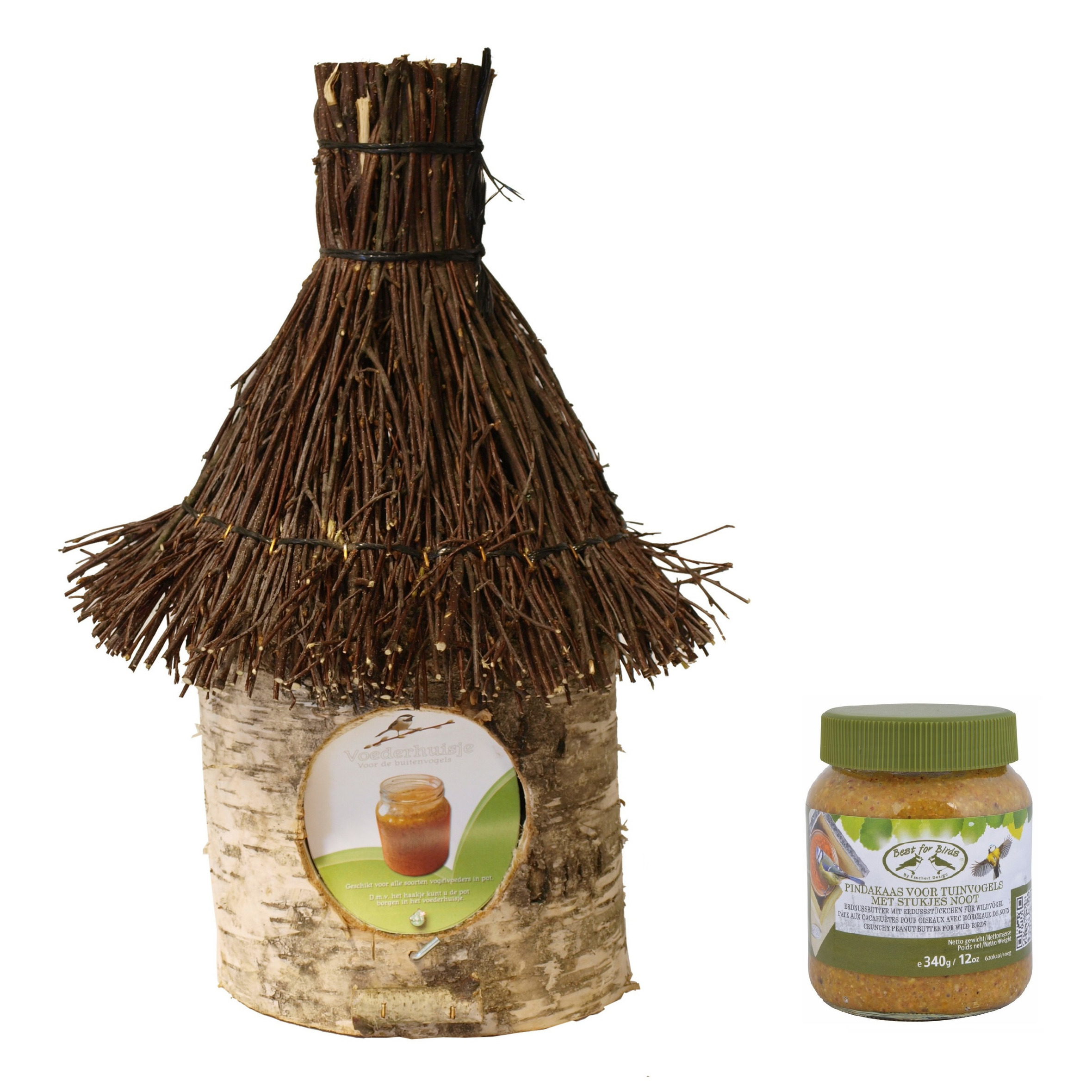 Boon Vogelhuisje/voederhuisje/pindakaashuisje berkenhout met rieten/tenen dak inclusief vogelpindakaas -