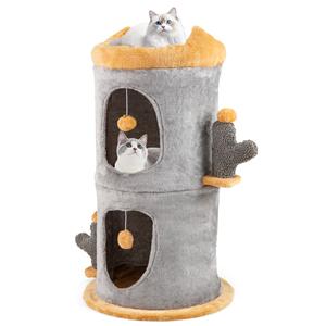 Costway 2-Verdiepingen Kattenhuis Schattige Kleine Kattenboom met 2 Gezellige Kattenholletjes Grijs+Oranje
