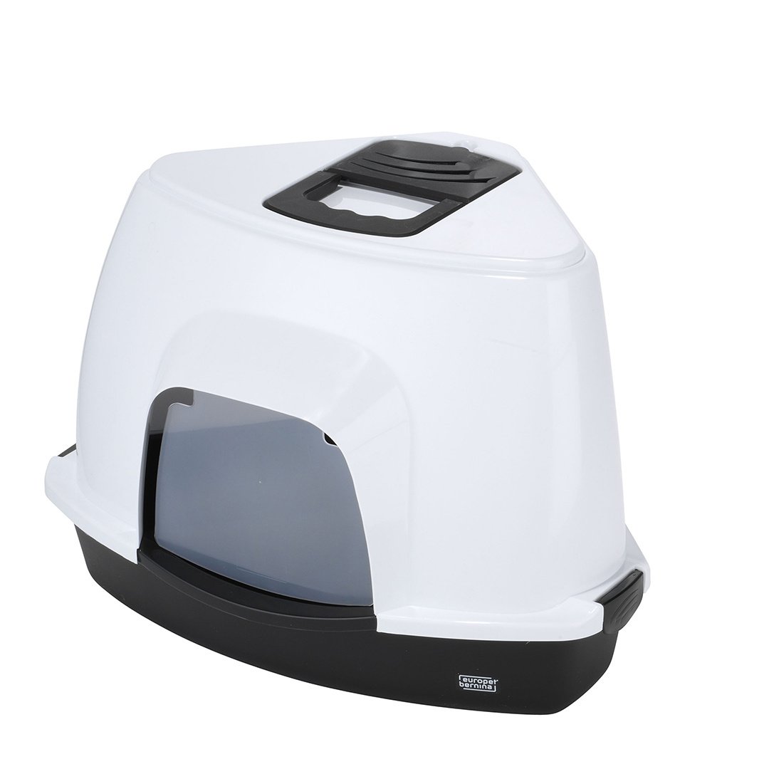 Ebi Kattentoilet Prism Wit/Zwart – compacte overdekte kattenbak met koolfilter en transparant deurtje, verkrijgbaar in M & L M - 38x56x40cm