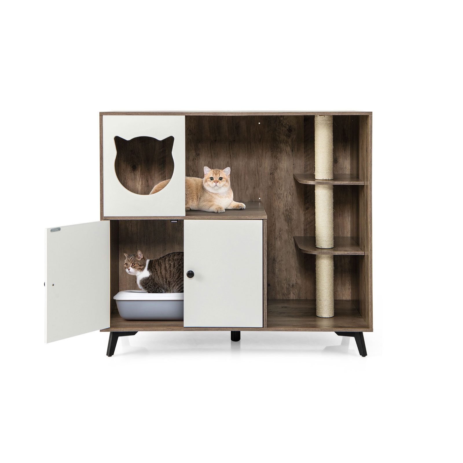 Costway Kattenbak Kast met 3 Sisal Krabpalen Kattenbak Kast met 5 Metalen Steunpoten Grijs+Wit