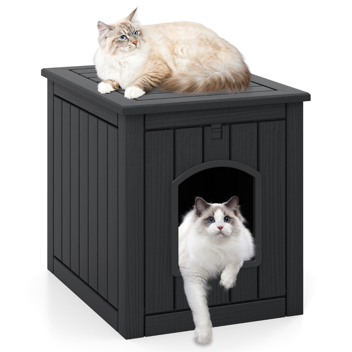 Costway Cat House Outdoor Koudebestendig Kattenbed met Opvouwbare Deur en Ingang Zwart