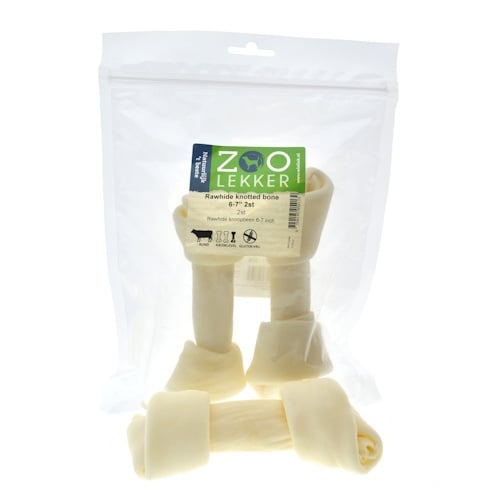 Zoolekker Rawhide knotted bone 15-18 cm - stevige buffelhuid kauwbotten voor honden, verpakking 2 stuks