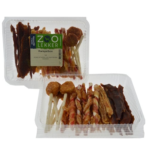 Zoolekker Kwispelbox - rechthoekige snackbox met diverse hondensnacks, ideaal als traktatie of cadeau