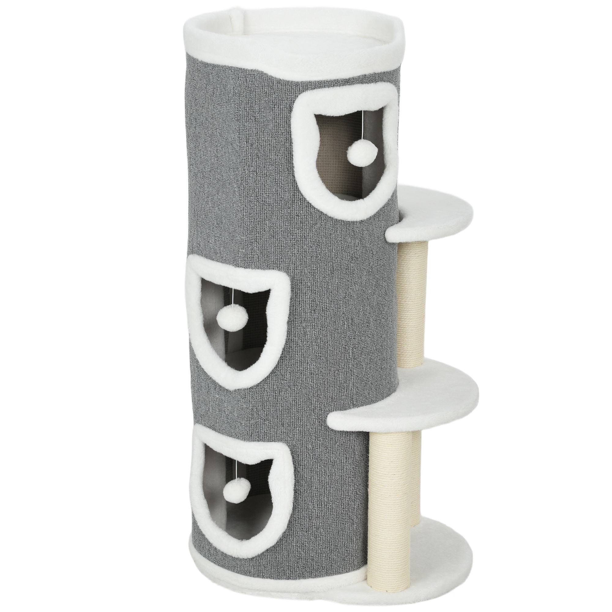 PawHut 101 cm kattentoren, 3 niveaus, 3 slaapholen, speelballen, krabpilaren, sisal, spaanplaat, Grijs