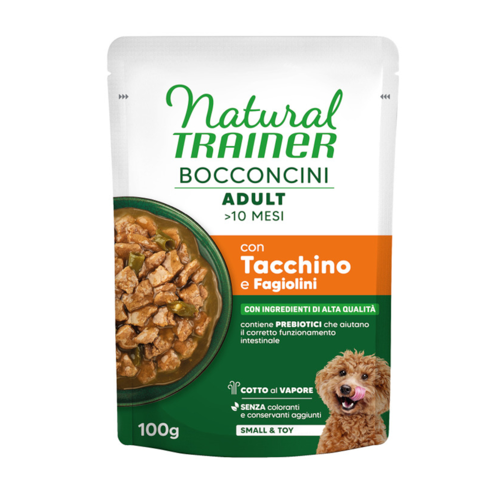Trainer Natural Dog 48x100g Kalkoen Natural Trainer Bocconcini Adult Klein & Speelgoedhapjes in Saus Kip Hondenvoer nat