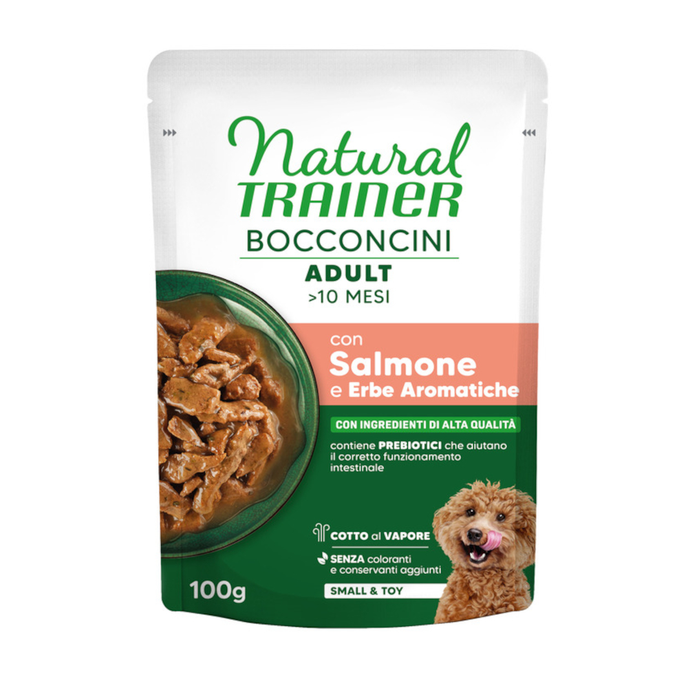 Trainer Natural Dog 48x100g ZalmNatural Trainer Bocconcini Adult Small & Toy Morsels in Sauce Chicken Hondenvoer nat