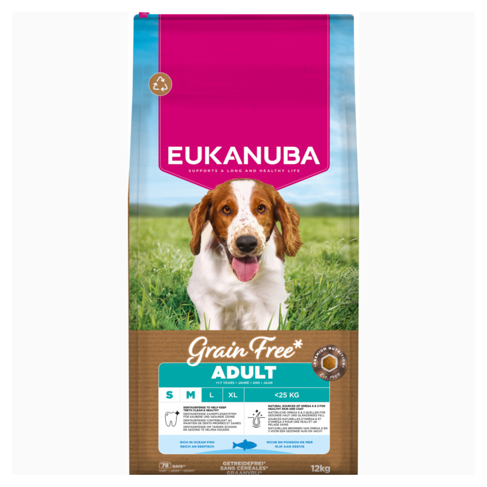 Eukanuba Grain Free Adult Small / Medium Breed met Zeevis Hondenvoer - Dubbelpak: 2 x 12 kg