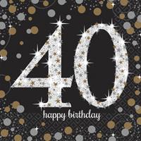Amscan 40 jaar verjaardag feest servetten - 16x - zwart met confetti print -