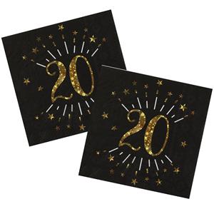 Santex Verjaardag feest servetten leeftijd - 20x - 20 jaar - goud - 33 x 33 cm -