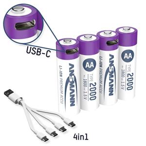 1x4 Ansmann Lithium Akku Mignon AA 1800mAh + Ladekabel 1312-0036