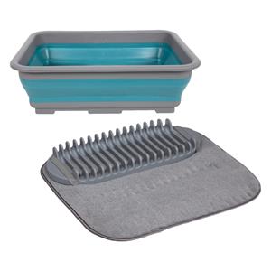 Merkloos Opvouwbare afwasbak met afdruipmat - grijs/blauw - keuken benodigdheden - reis accessoires -